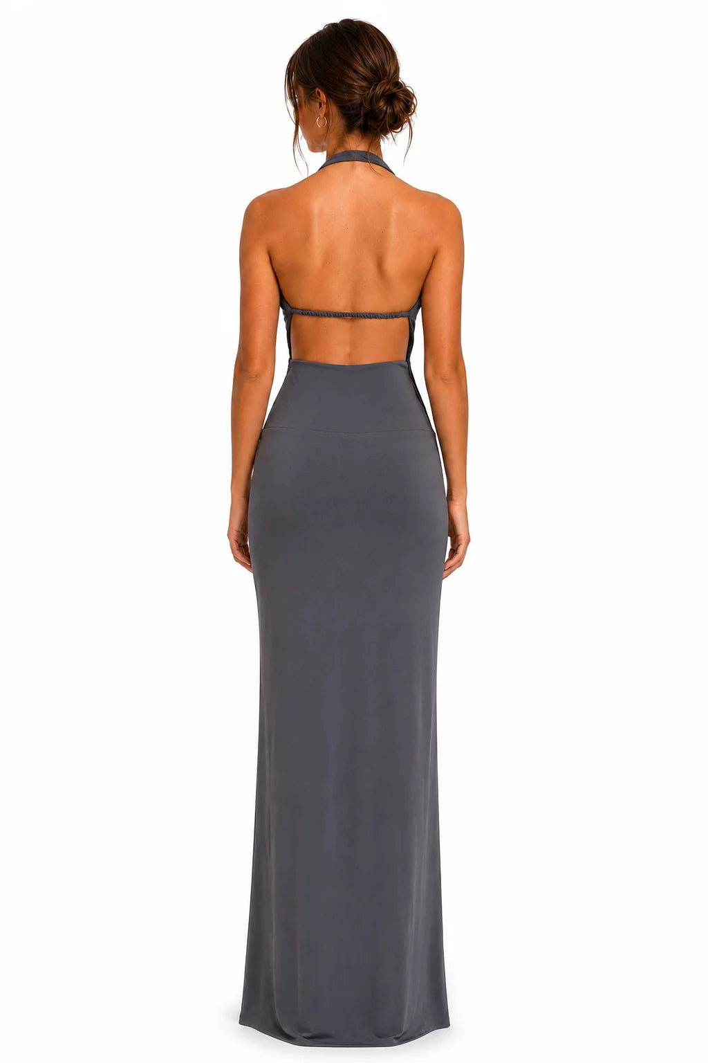 Side view of charcoal gray halter cutout maxi dress