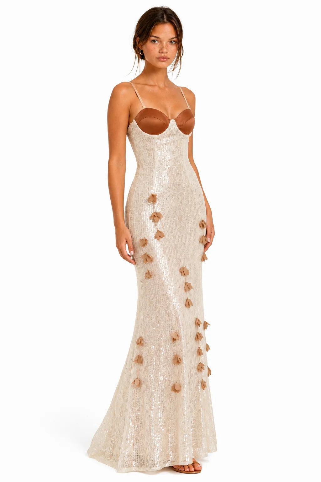 Angled view of ivory sequin lace bustier floral maxi dress