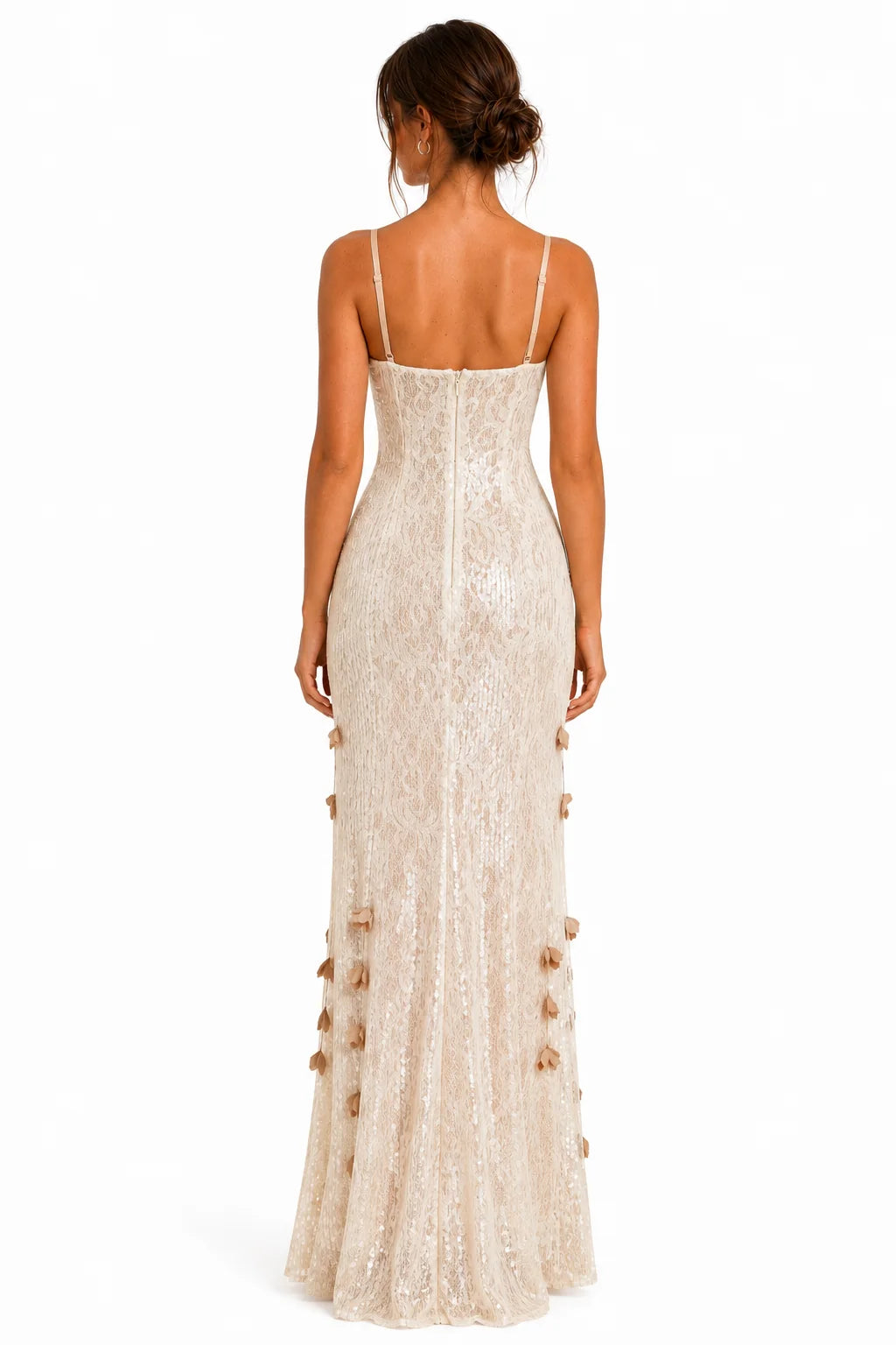 Back view of ivory sequin lace bustier floral maxi dress
