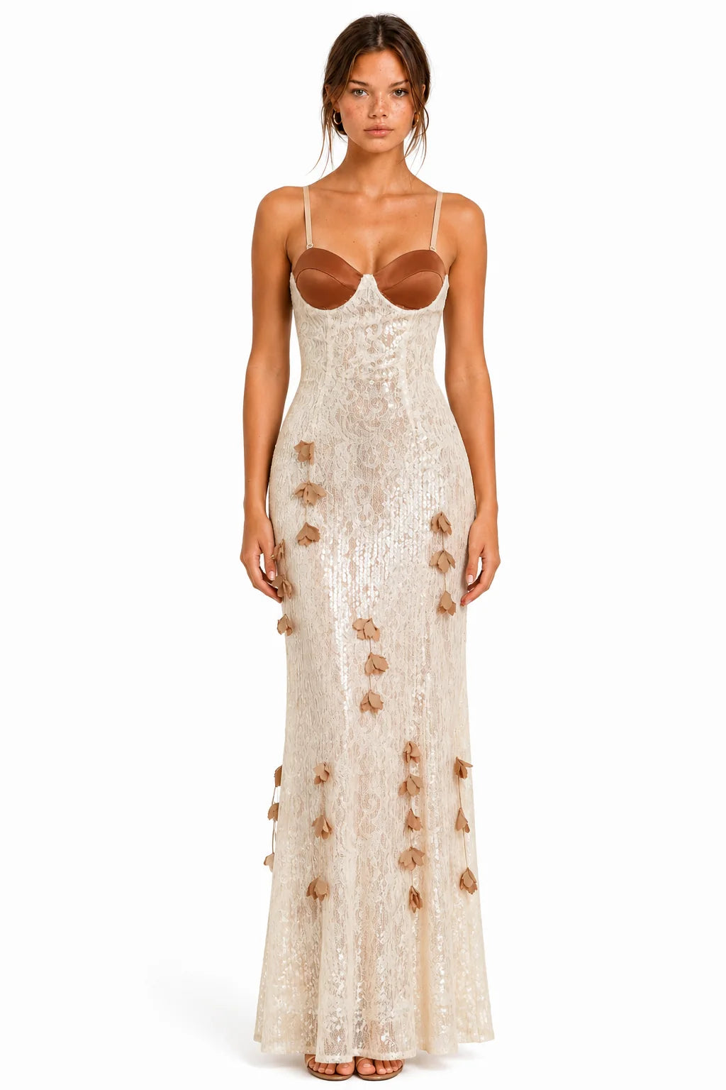 Front view of ivory sequin lace bustier floral maxi dress