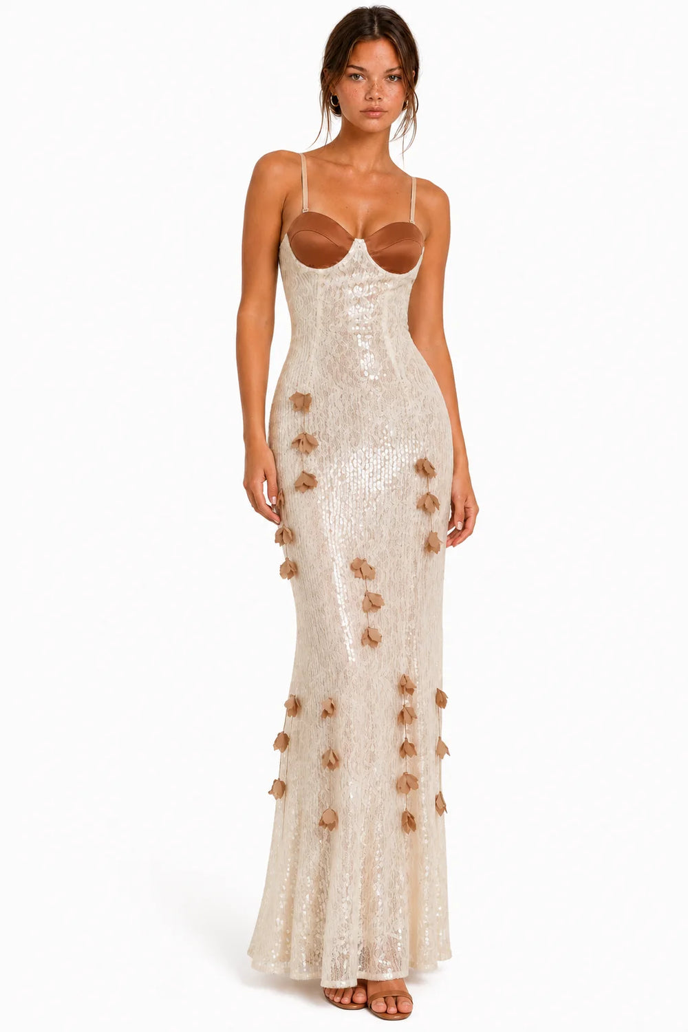 Front view of ivory sequin lace bustier floral maxi dress