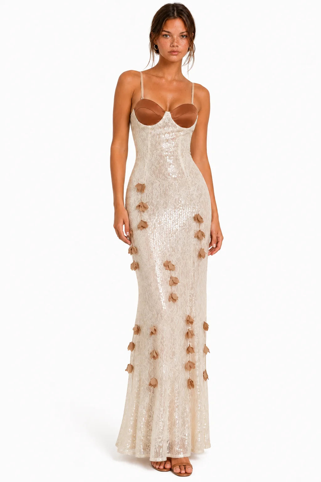 Front view of ivory sequin lace bustier floral maxi dress