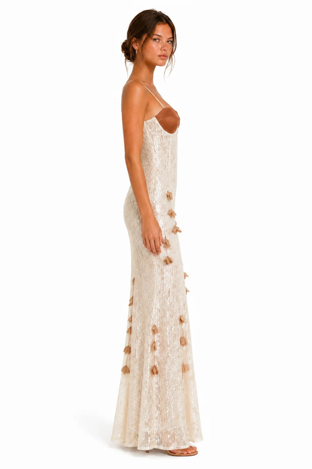 Side view of ivory sequin lace bustier floral maxi dress