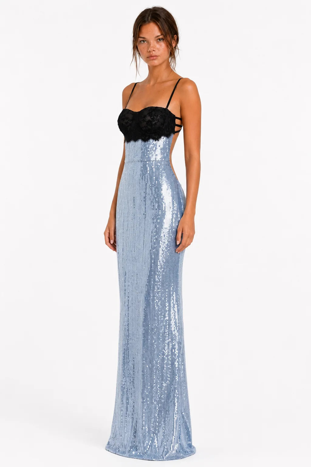 Angled view of light blue sequin lace maxi dress