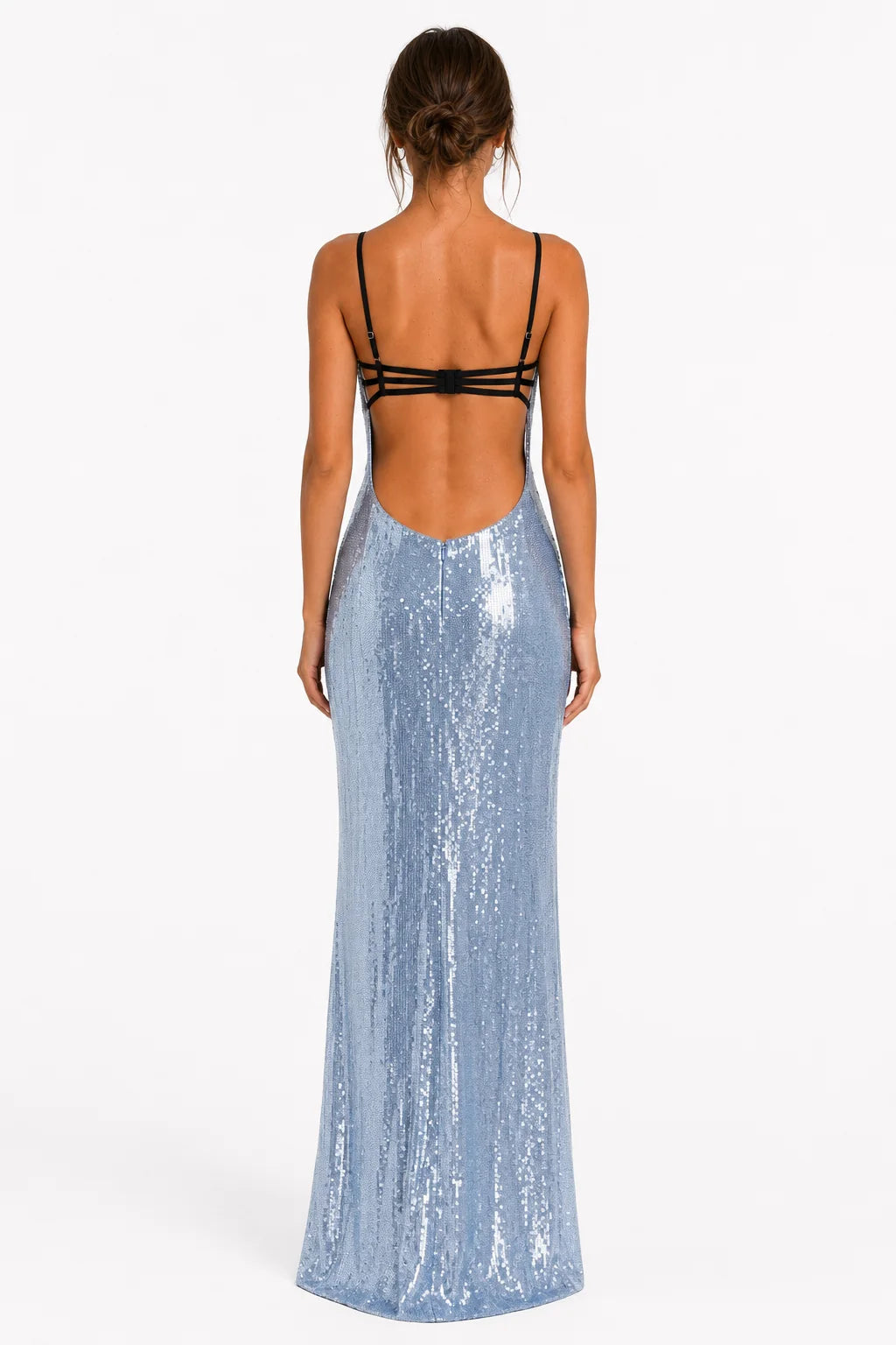Back view of light blue sequin lace maxi dress