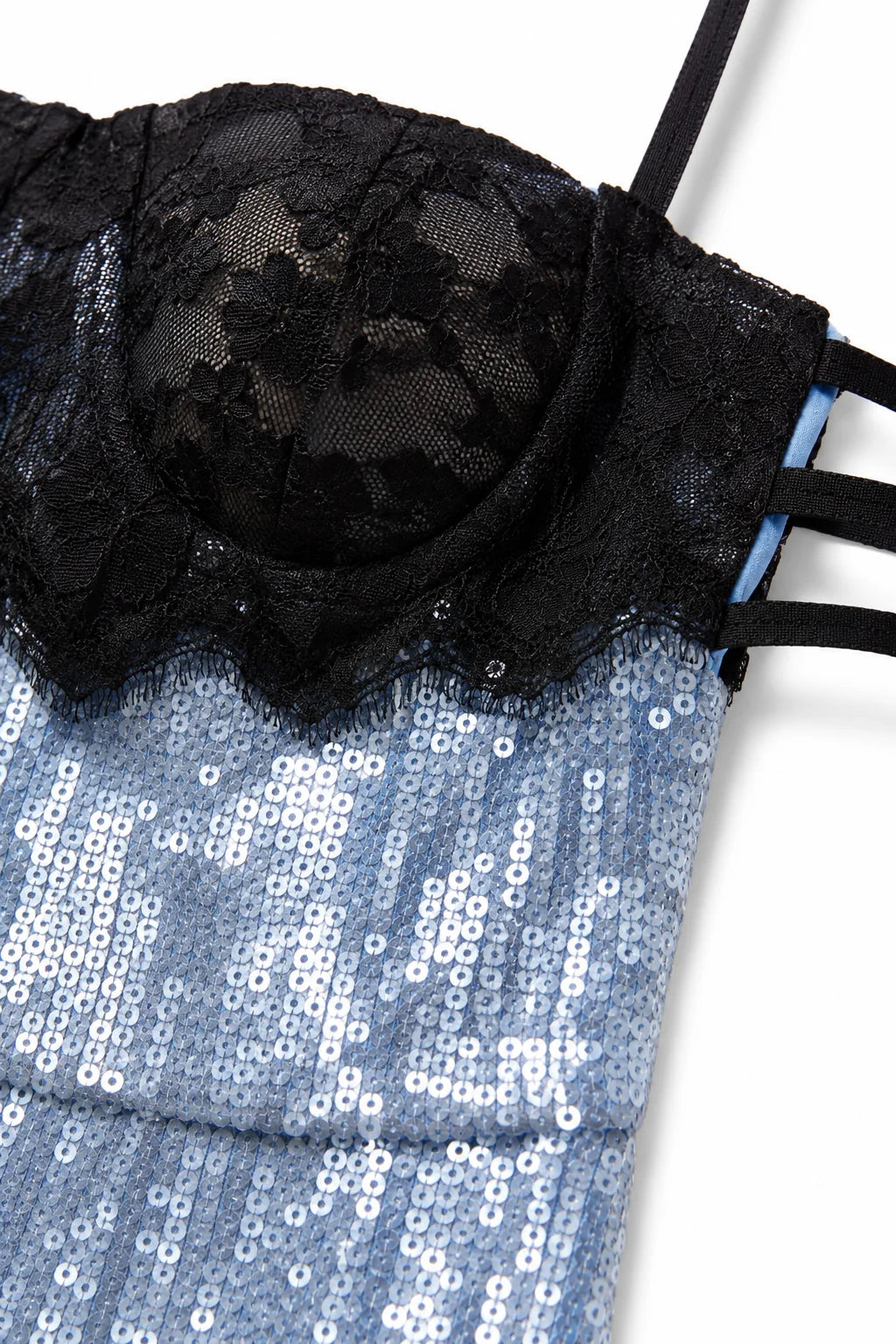 Fabric detail of light blue sequin lace maxi dress