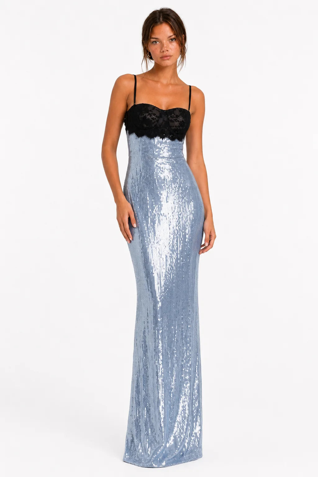 Front detail of light blue sequin lace maxi dress
