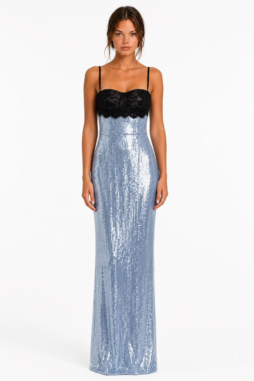 Front view of light blue sequin lace maxi dress