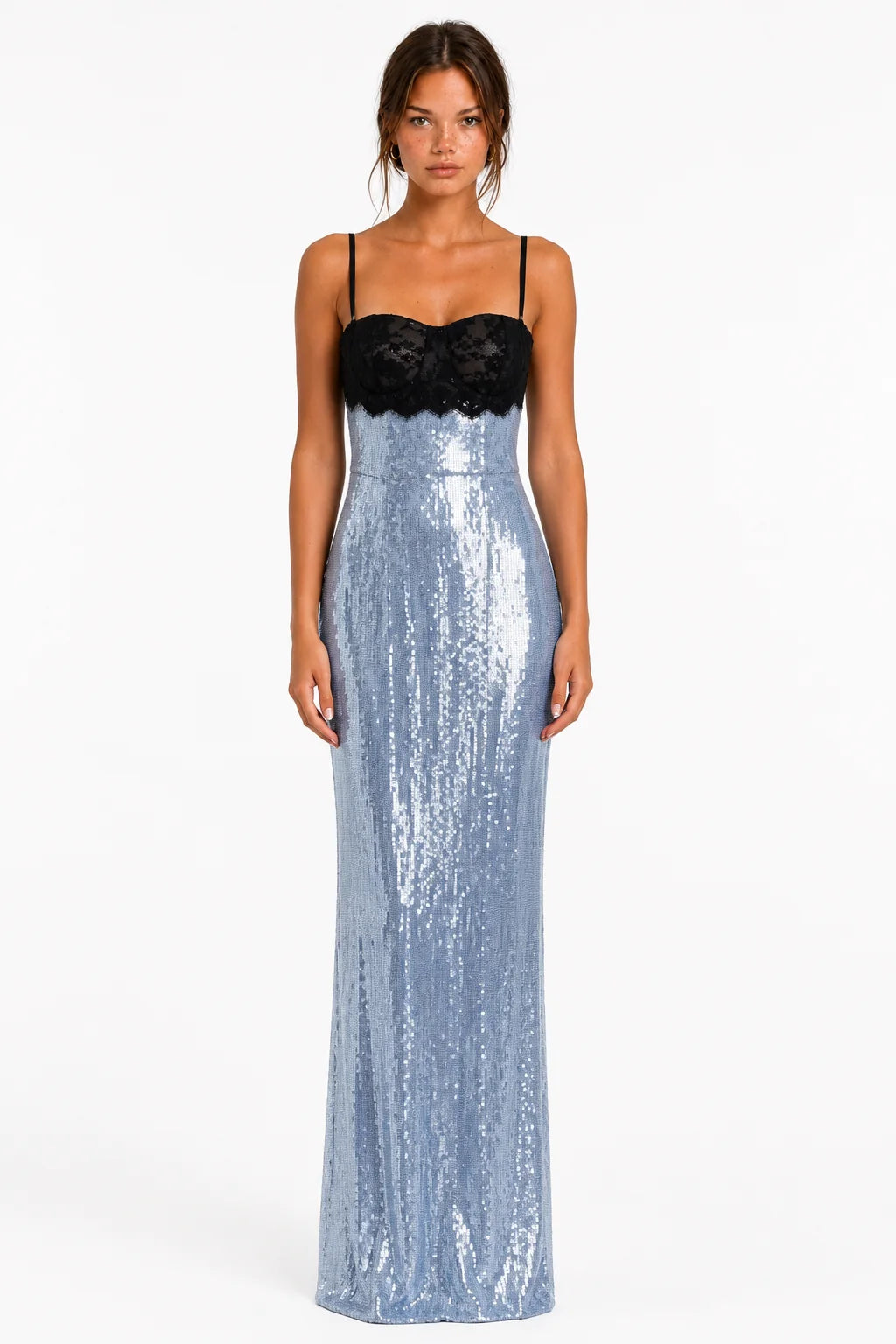 Front view of light blue sequin lace maxi dress