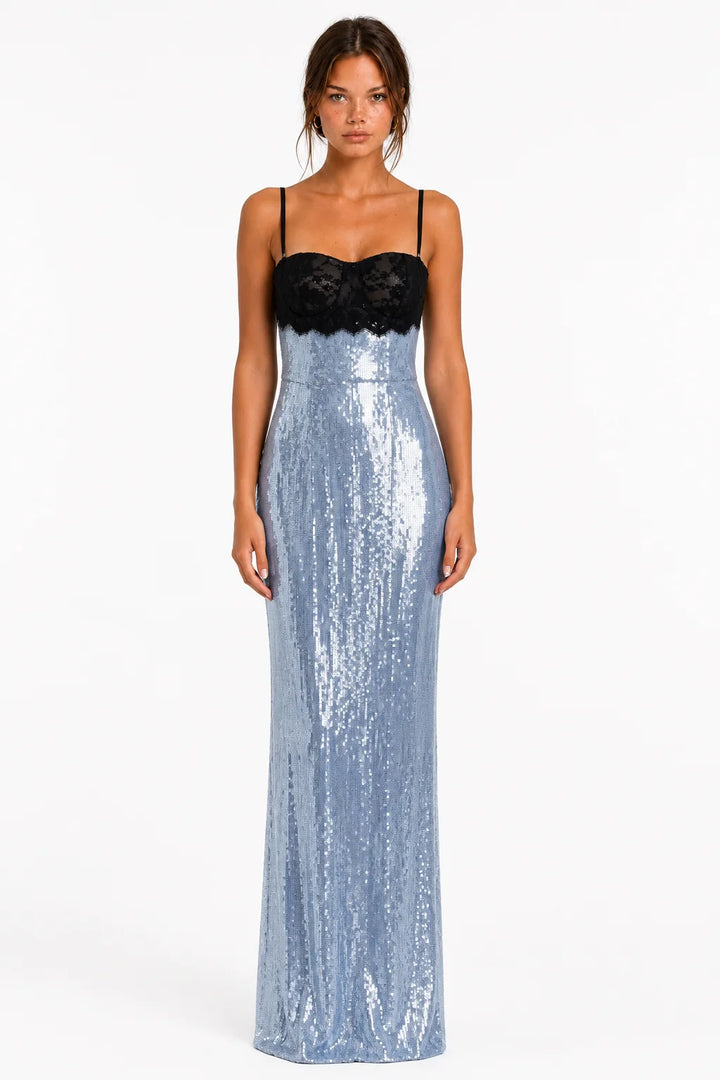 Front view of light blue sequin lace maxi dress
