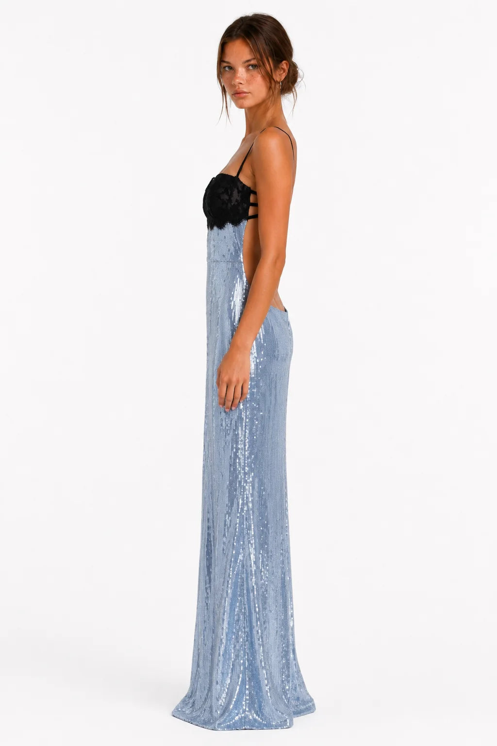 Side view of light blue sequin lace maxi dress