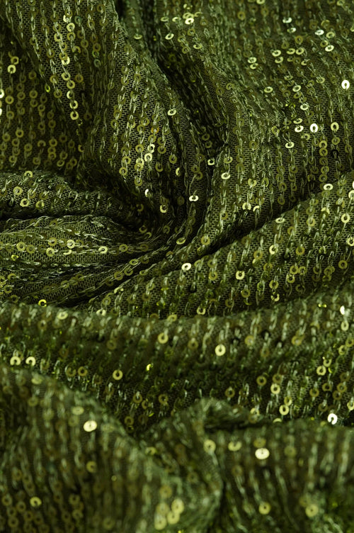 Olive green sequin mini dress with draped fabric detail