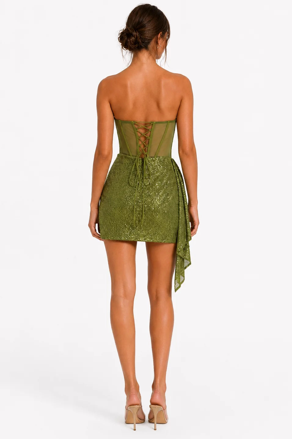 Back view of olive green strapless sequin corset mini dress