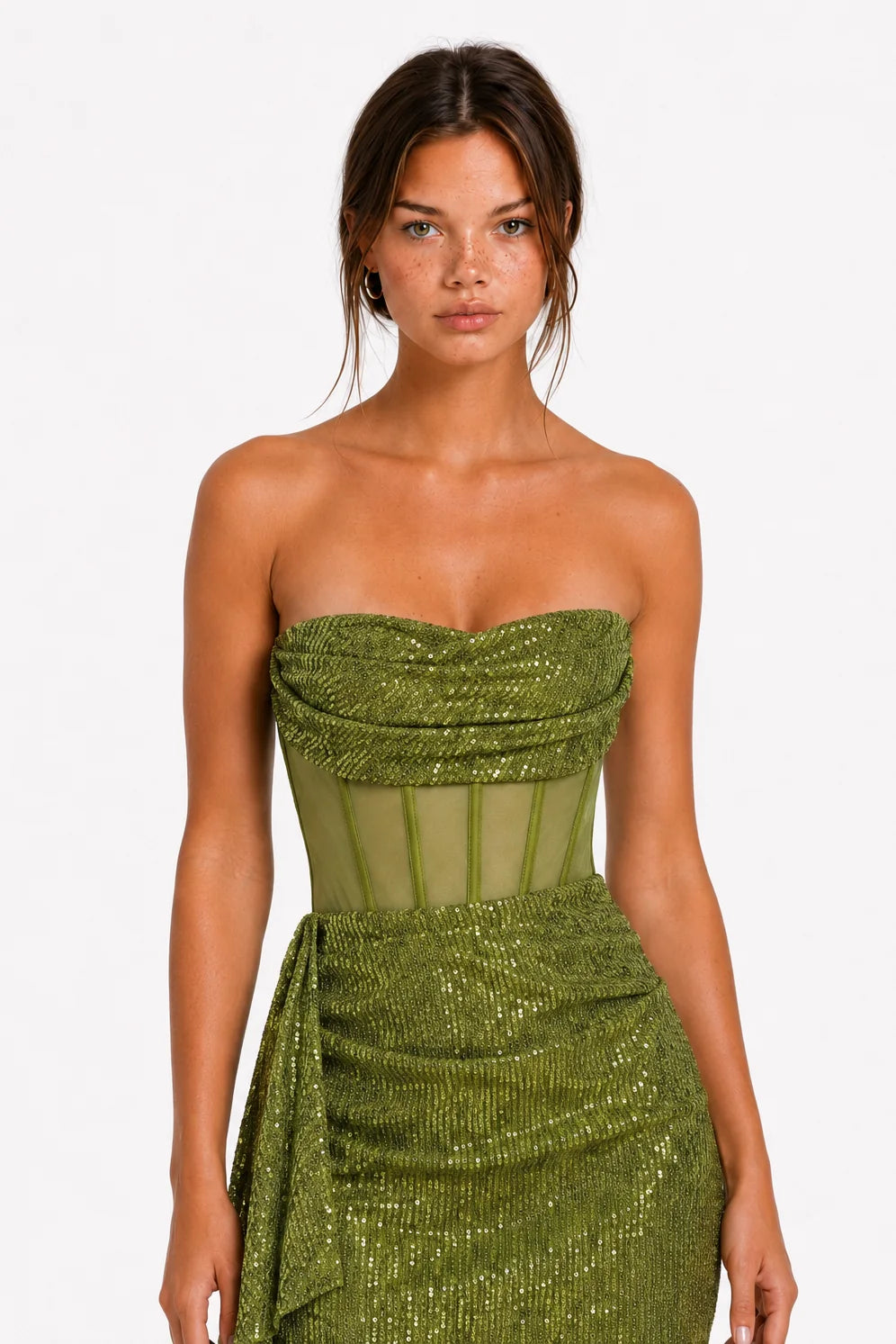 Bodice close-up of olive green strapless sequin corset mini dress