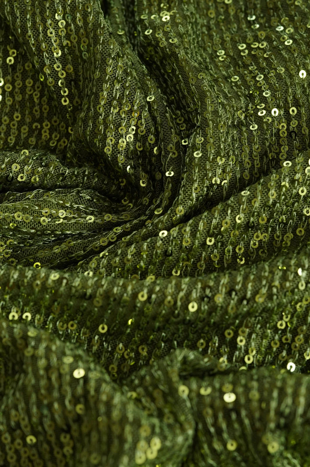 Olive green sequin mini dress with draped fabric detail