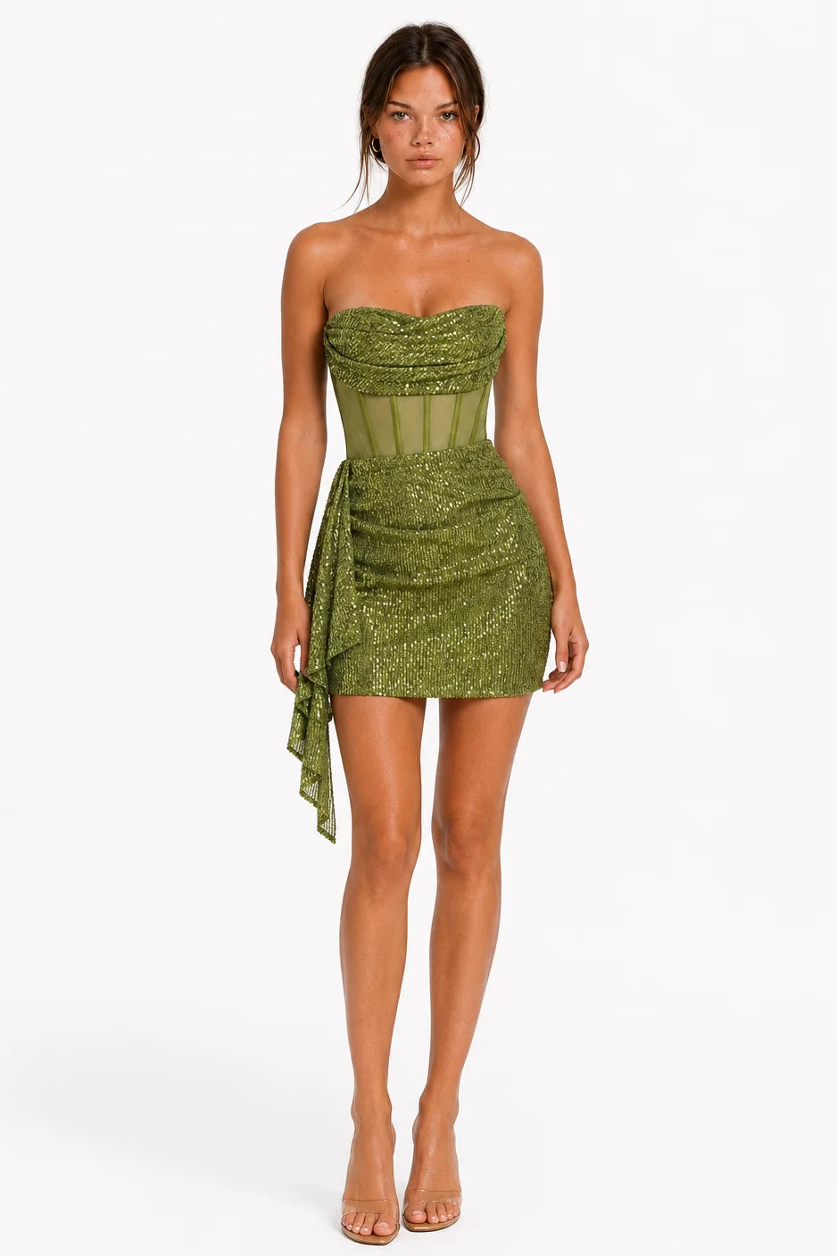 Front view of olive green strapless sequin corset mini dress