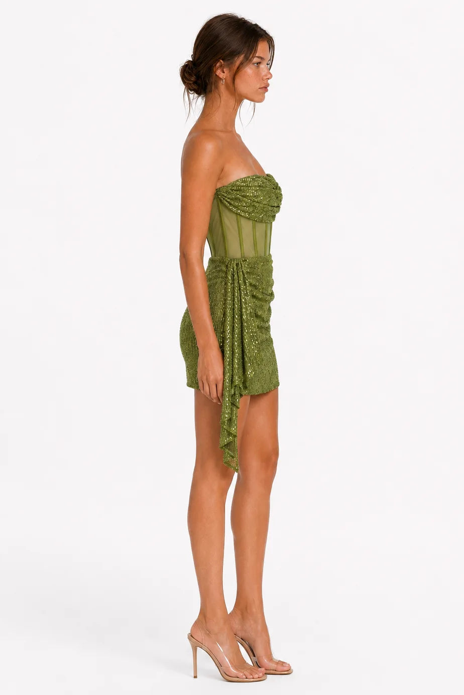 Side view of olive green strapless sequin corset mini dress