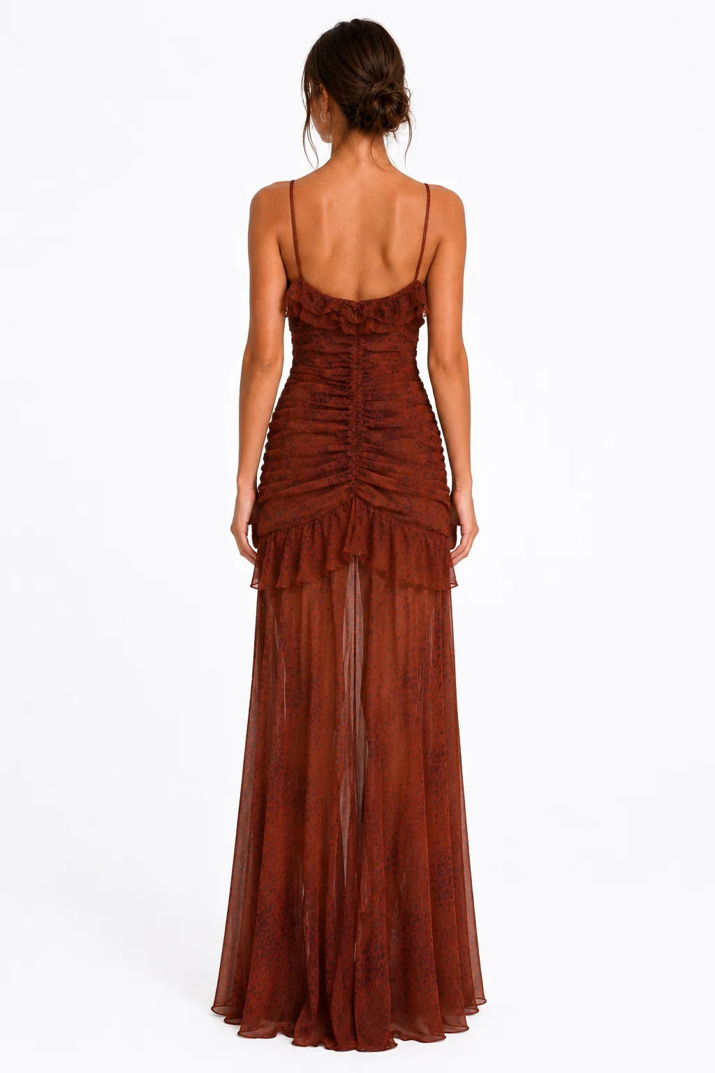 Back view of rust leopard print ruffle mesh maxi dress