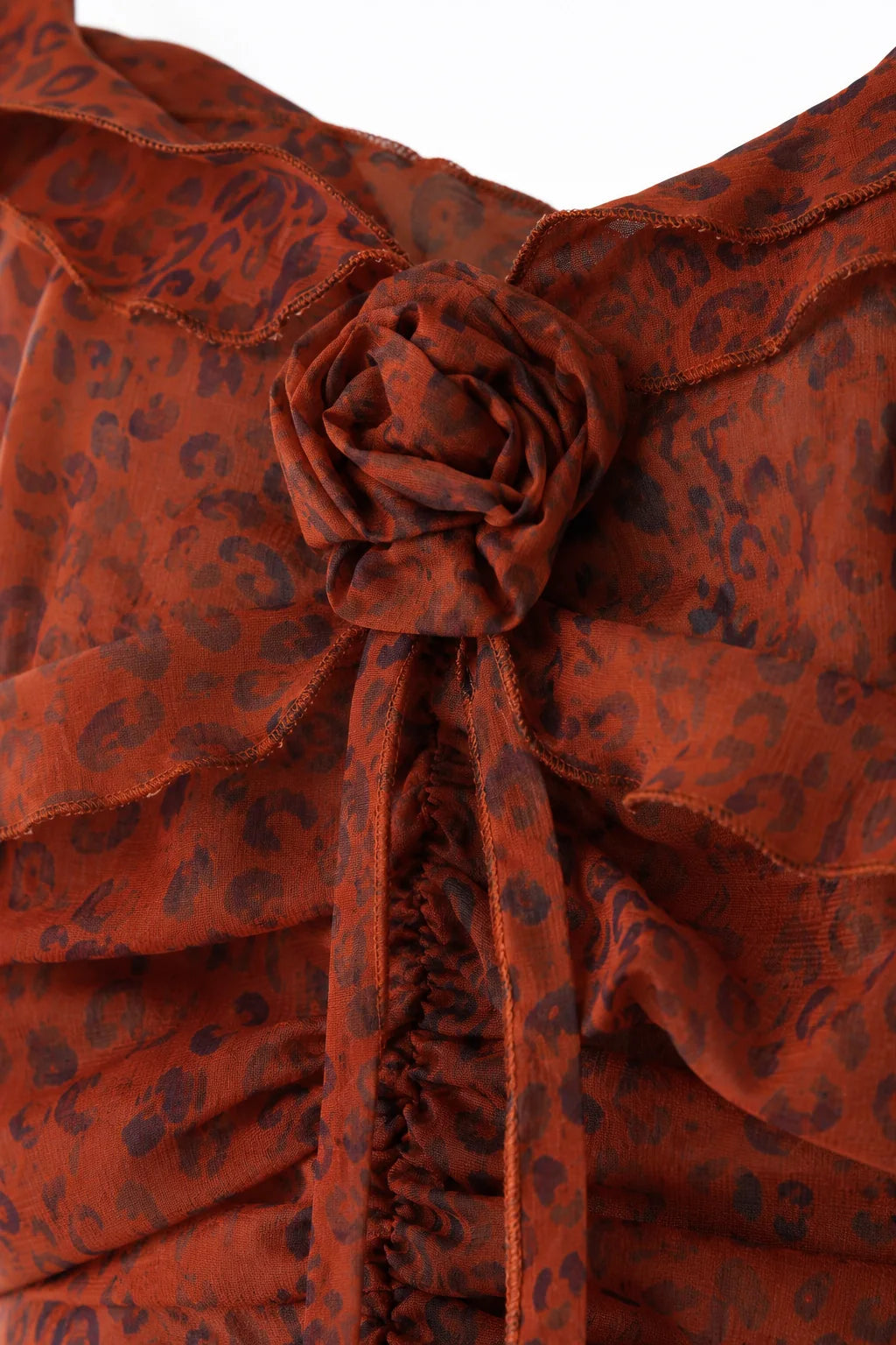 Fabric detail of rust leopard print mesh dress