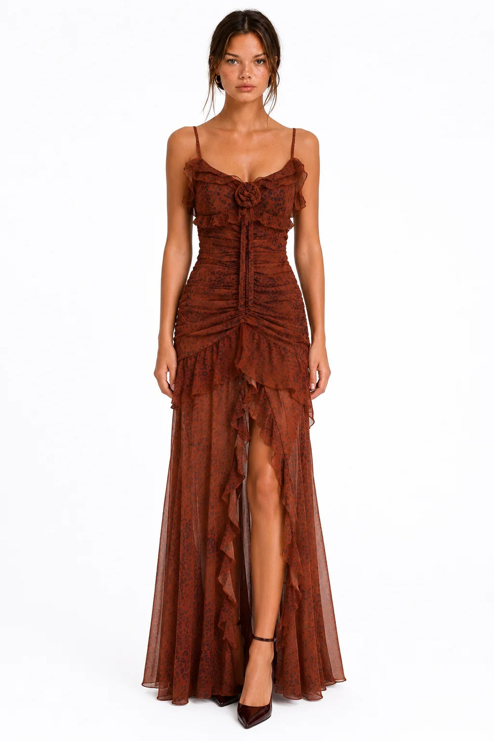 Front view of rust leopard print ruffle mesh maxi dress