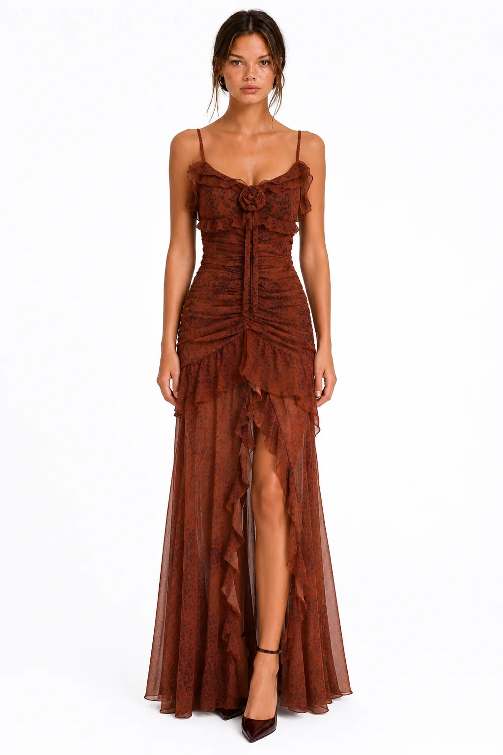 Front view of rust leopard print ruffle mesh maxi dress