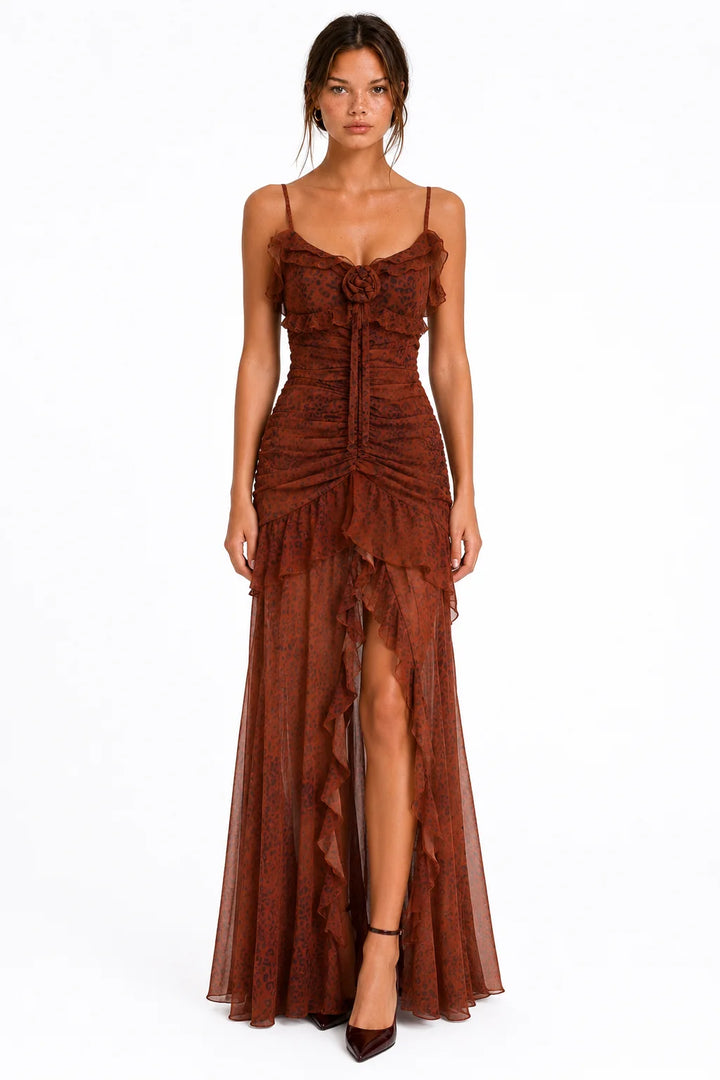 Front view of rust leopard print ruffle mesh maxi dress