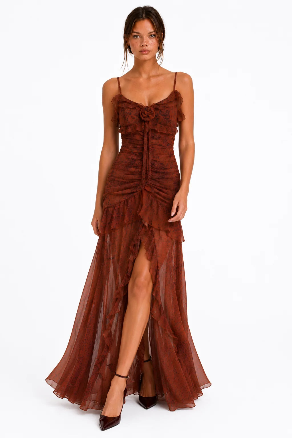 Detail view of ruffled bodice on rust leopard print maxi dress