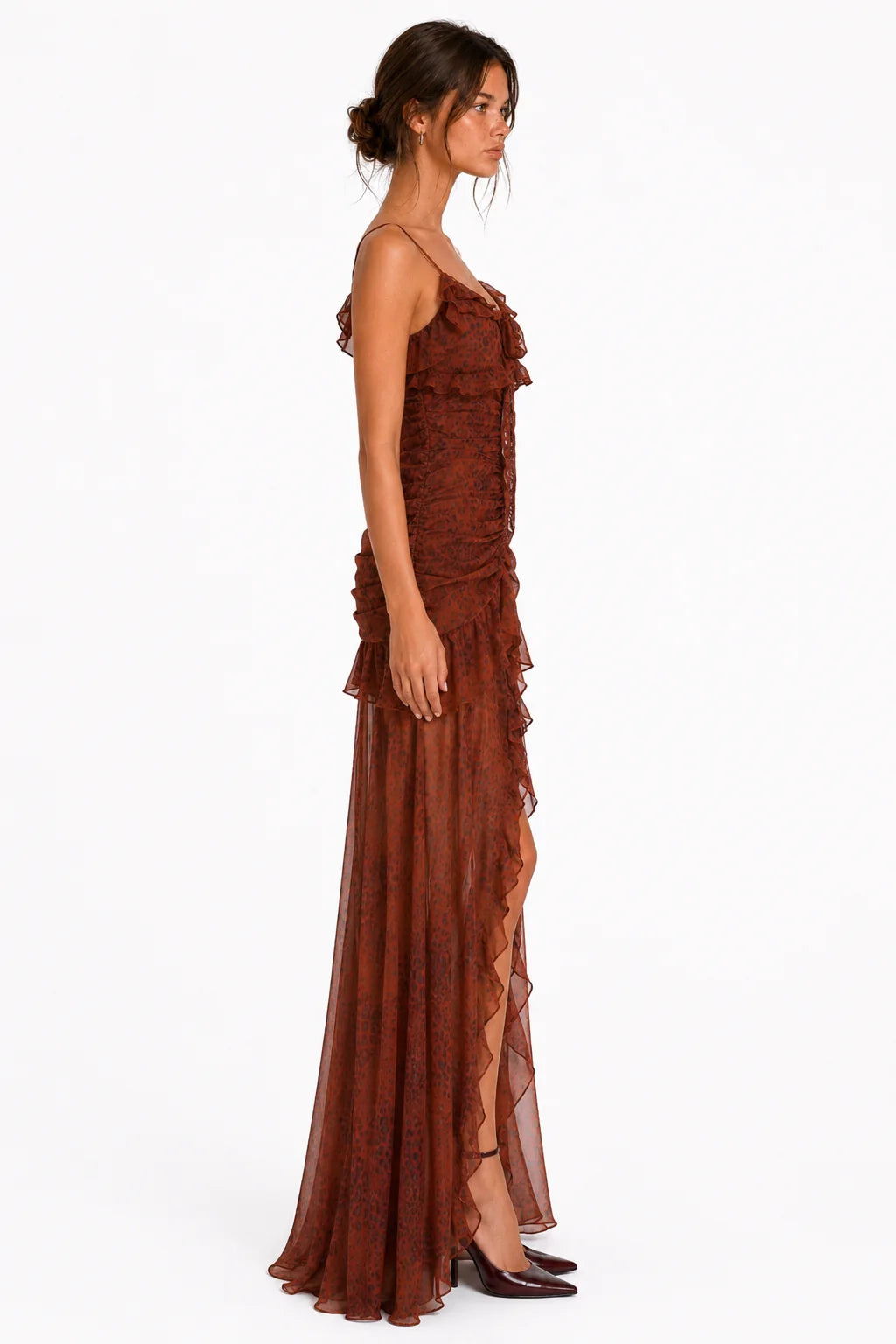 Side view of rust leopard print ruffle mesh maxi dress