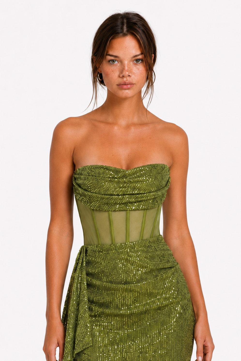 Olive Green Strapless Sequin Corset Mini Dress - 6 - womens olive green strapless sequin corset mini dress bodice closeup