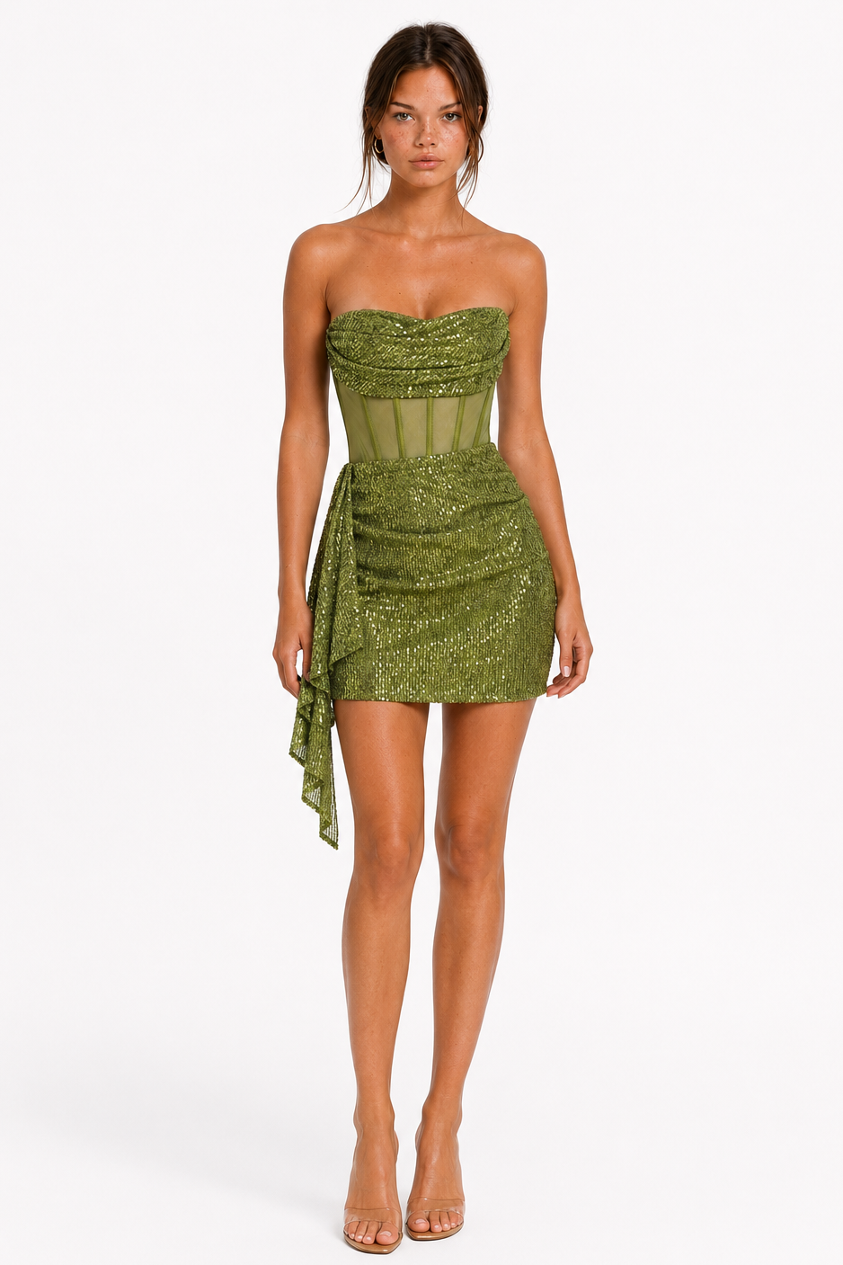 Olive Green Strapless Sequin Corset Mini Dress - 1 - womens olive green strapless sequin corset mini dress front