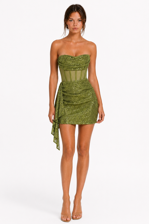 Olive Green Strapless Sequin Corset Mini Dress - 1 - womens olive green strapless sequin corset mini dress front