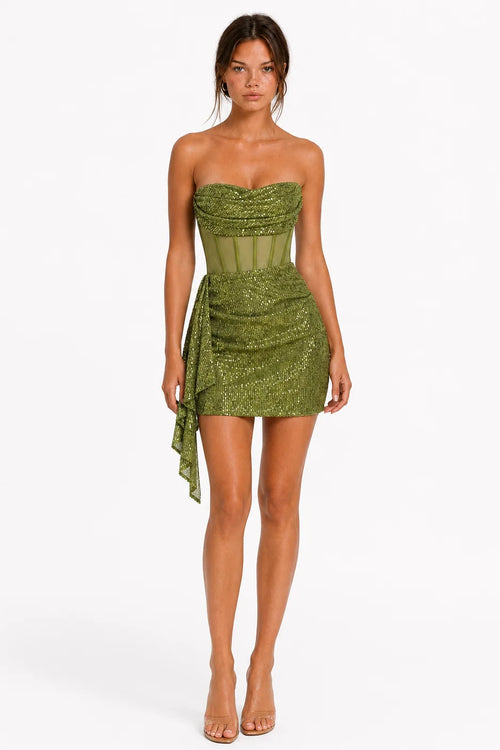 Front view of olive green strapless sequin corset mini dress