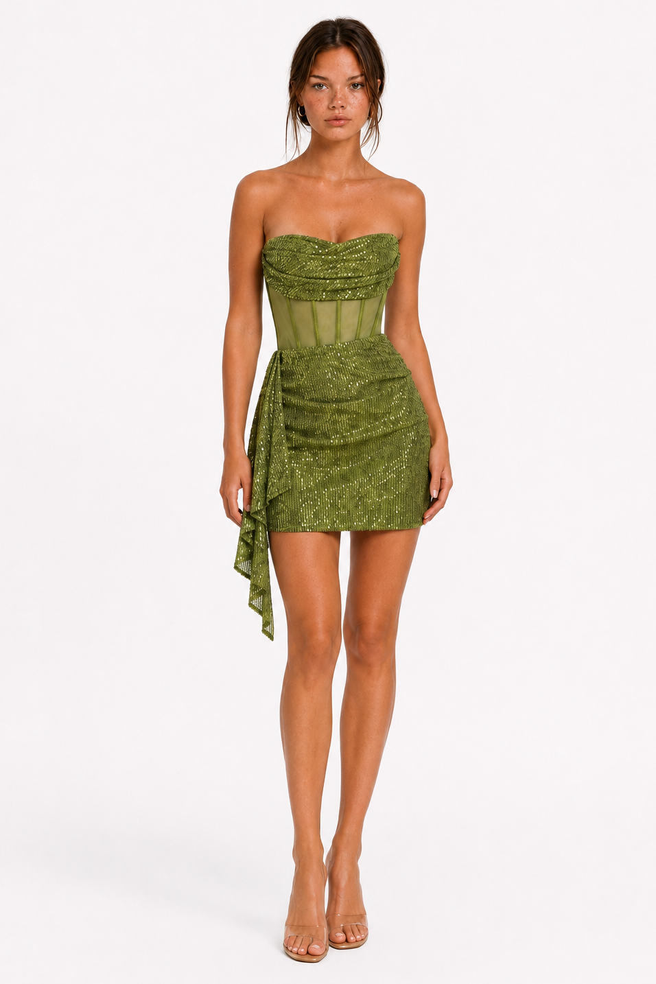 Olive Green Strapless Sequin Corset Mini Dress - 3 - womens olive green strapless sequin corset mini dress full body