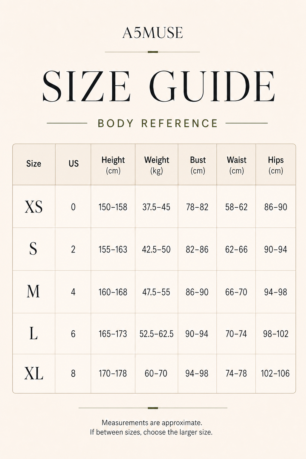 A5MUSE standard size guide